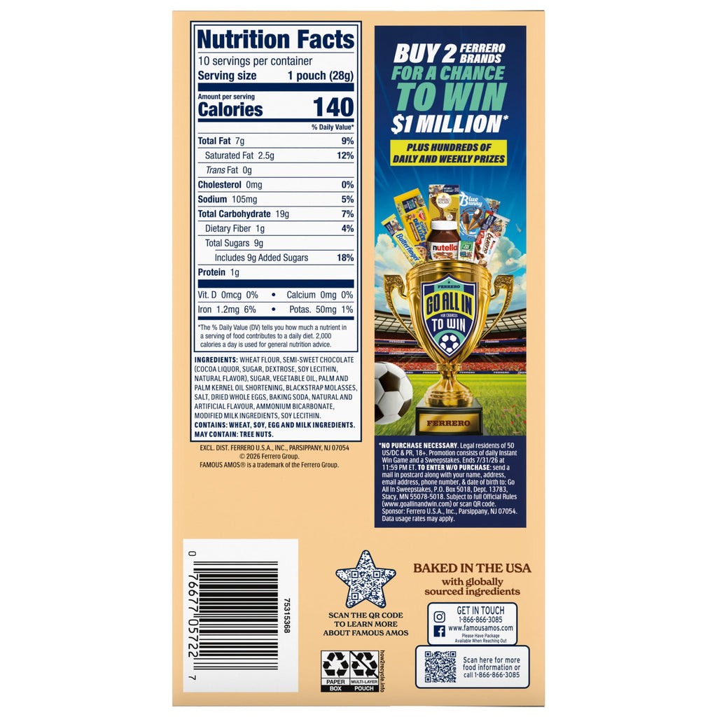 Famous Amos Classic Chocolate Chip Cookies, Bite-size cookies, Sweet Treats, 10 Pack Box, 1oz Bag