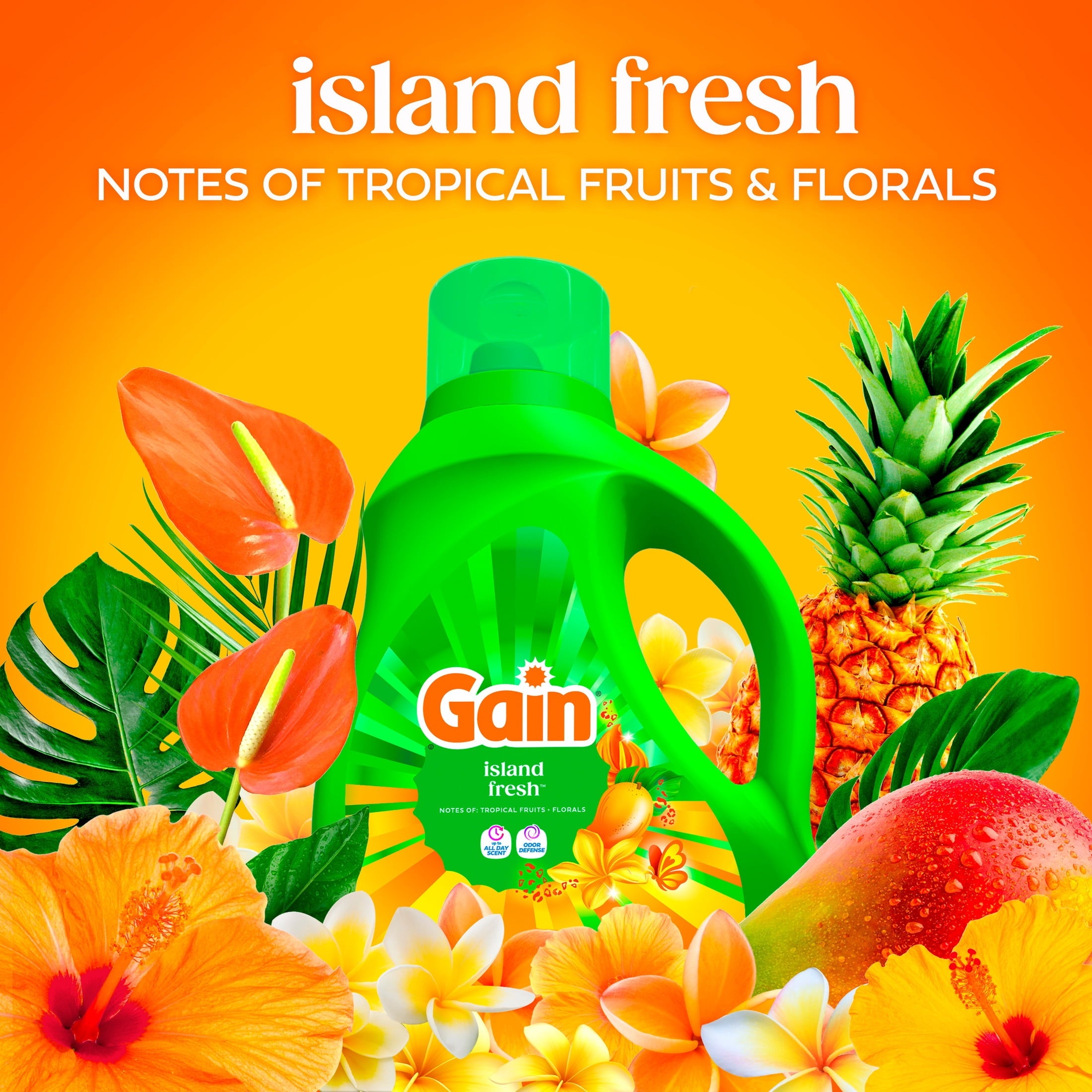 Gain Laundry Detergent Liquid, Now with Odor Defense, Island Fresh Scent, 81 fl oz, 61 Loads