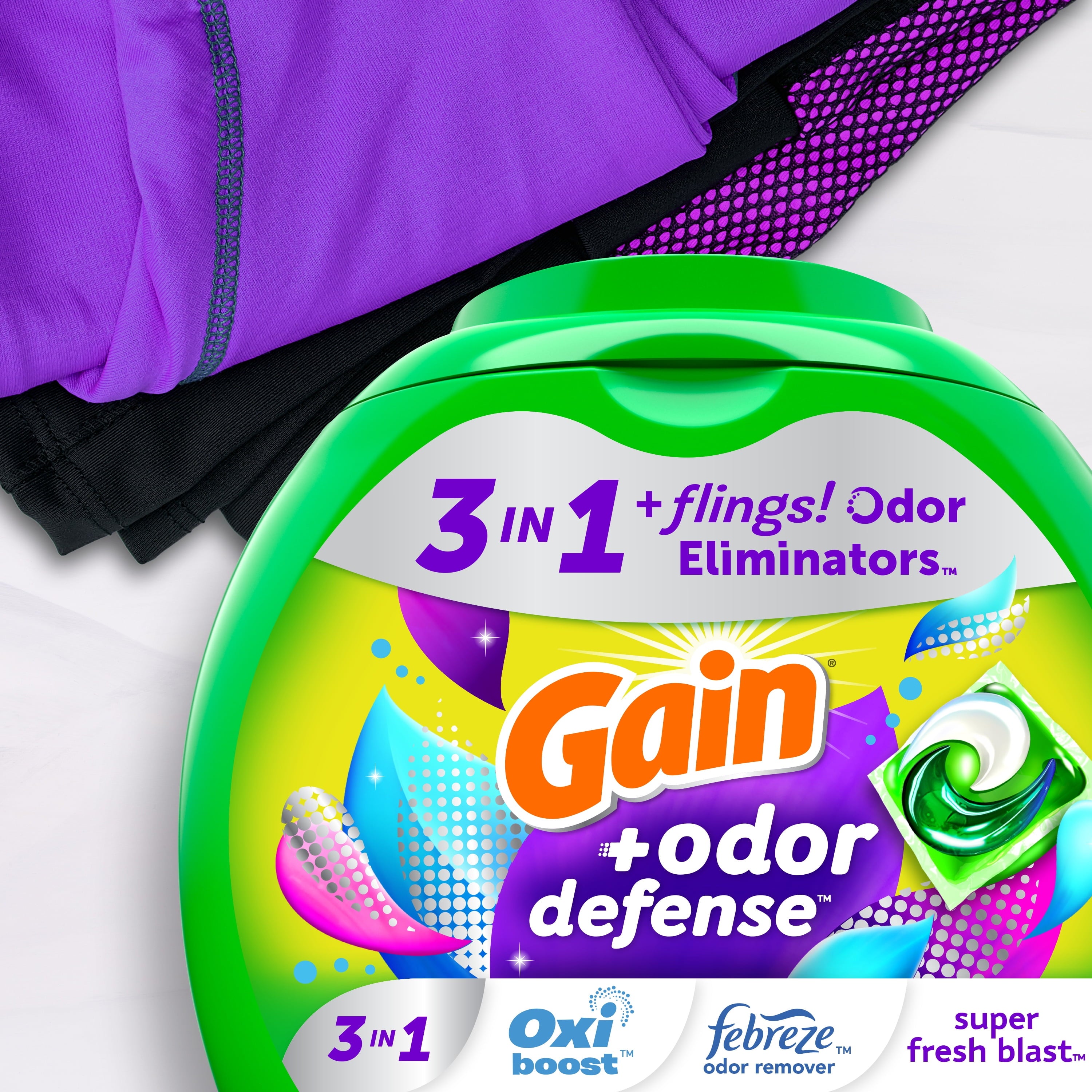 Gain Flings Laundry Detergent Pacs with Odor Defense, Super Fresh Blast Scent, 102 Count