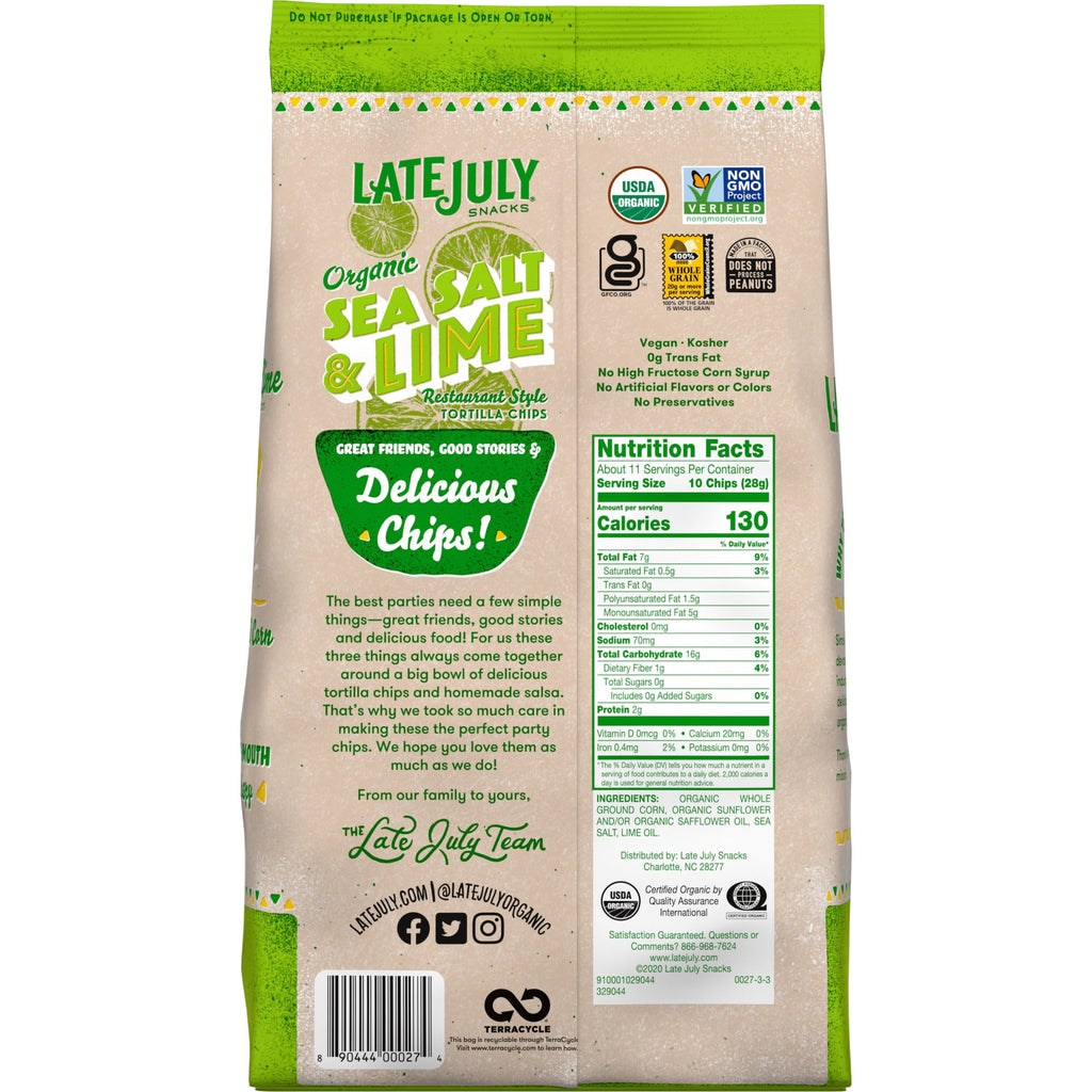 LATE JULY Snacks Restaurant Style Sea Salt & Lime Tortilla Chips, 11 oz. Bag
