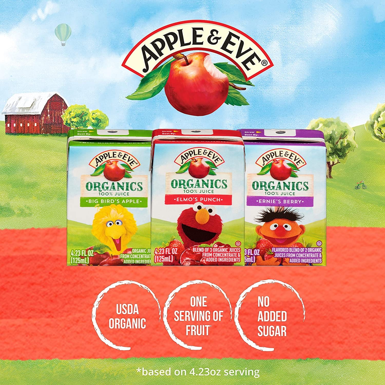 Apple & Eve Sesame Street Organic 100% Juice Variety Pack, 4.23 Fl. Oz., 32 Count