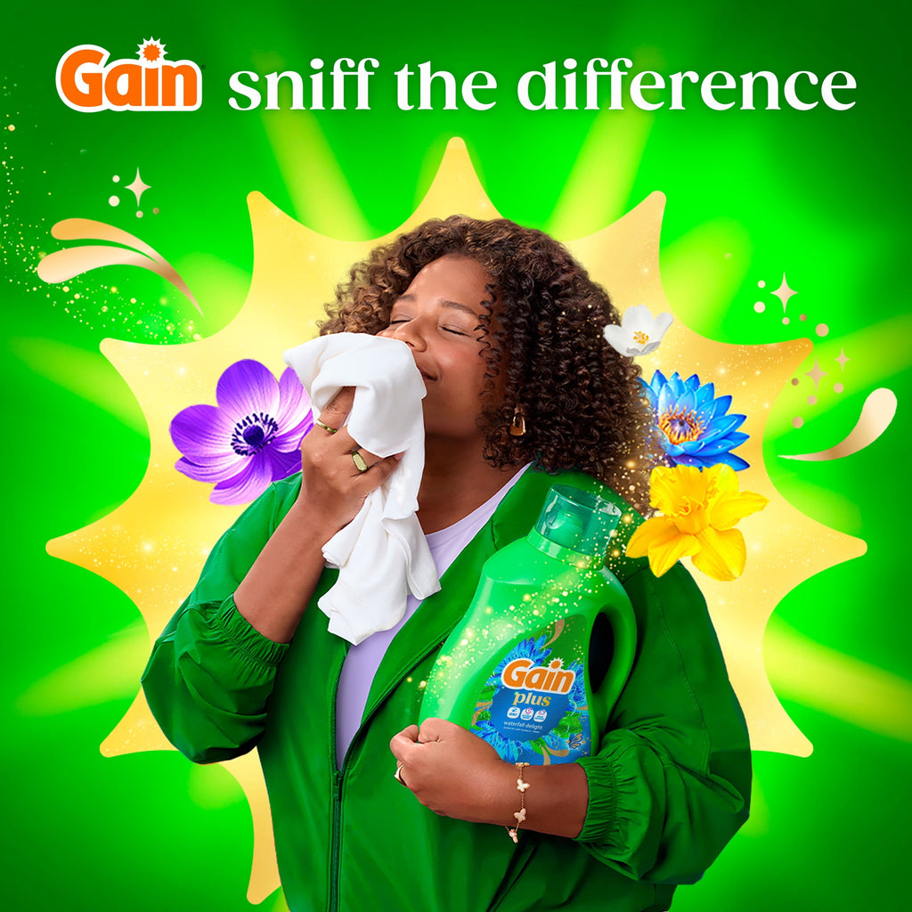 Gain Plus Laundry Detergent Liquid, Now with Odor Defense + OXI, Waterfall Delight Scent, 60 fl oz, 45 Loads