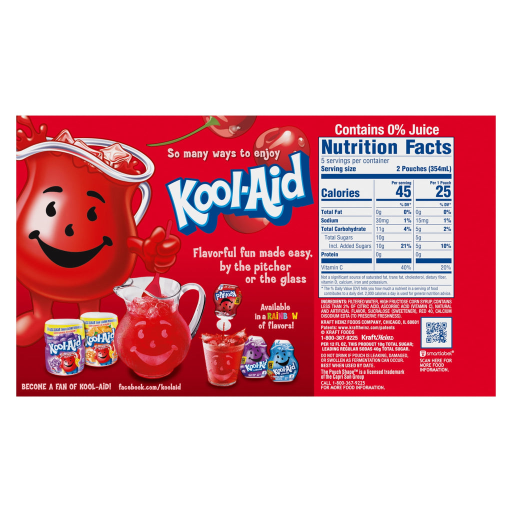 Kool-Aid Jammers Artificially Flavored Drink, 10 Pouches, for School Lunches and On-the-Go Hydration, Cherry Flavor, Excellent Source of Vitamin C, 6 fl oz