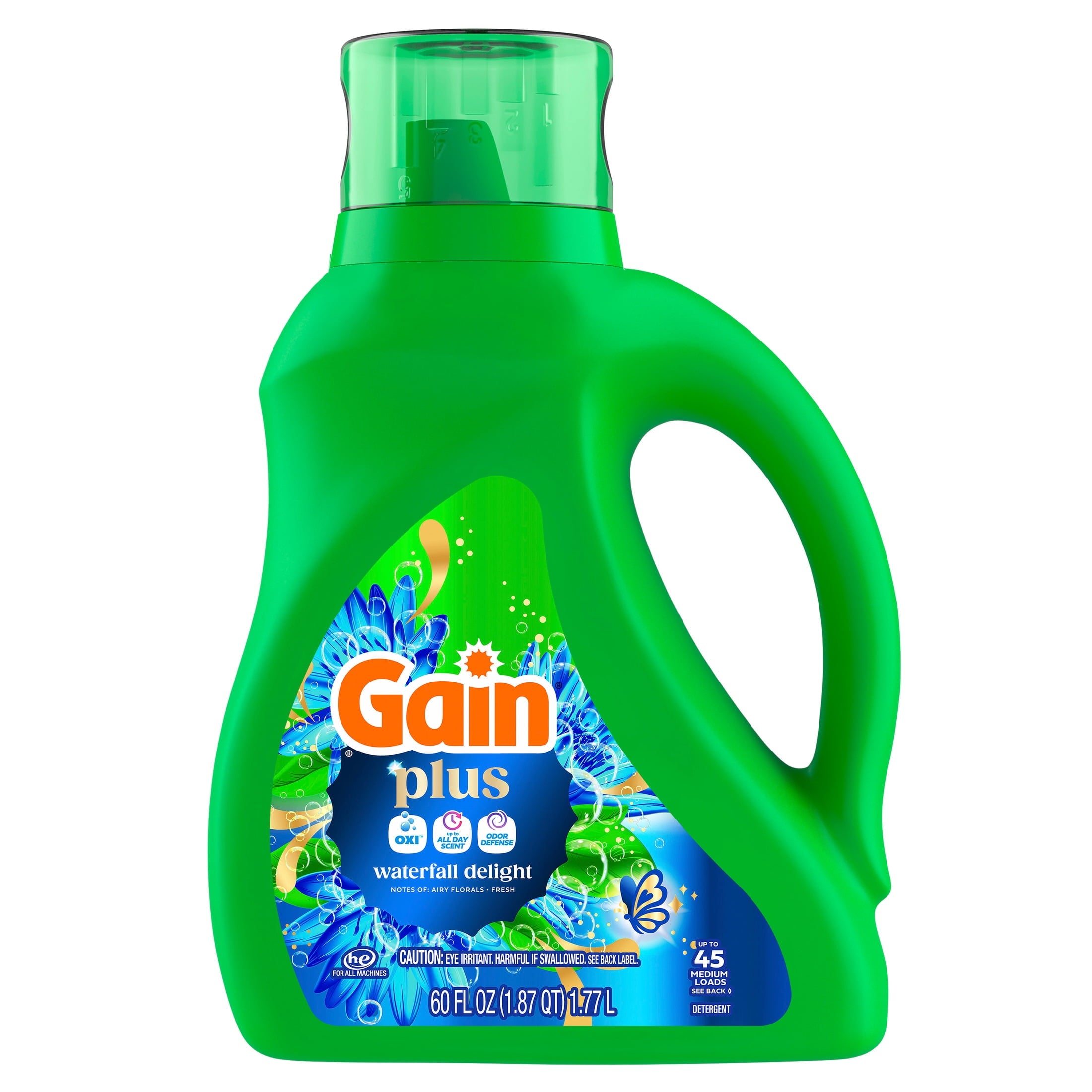 Gain Plus Laundry Detergent Liquid, Now with Odor Defense + OXI, Waterfall Delight Scent, 60 fl oz, 45 Loads