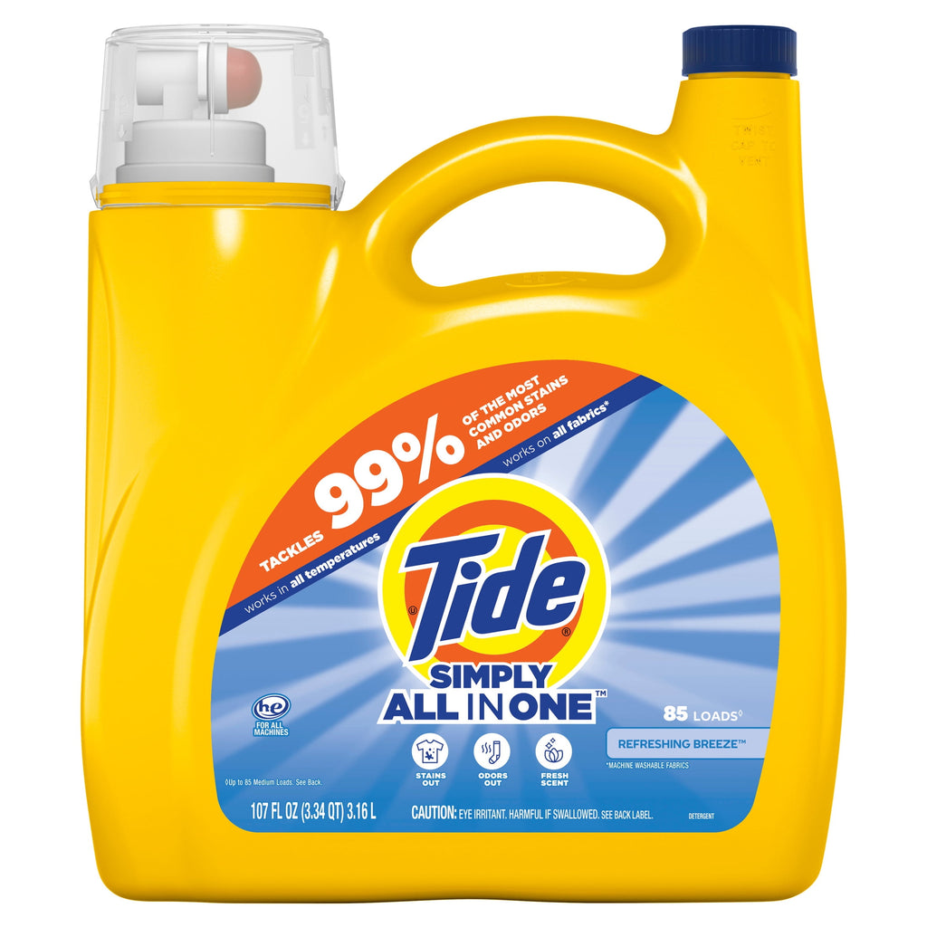 Tide Simply Laundry Detergent Liquid, All-In-One, Refreshing Breeze Scent, 85 Loads, 107 fl oz