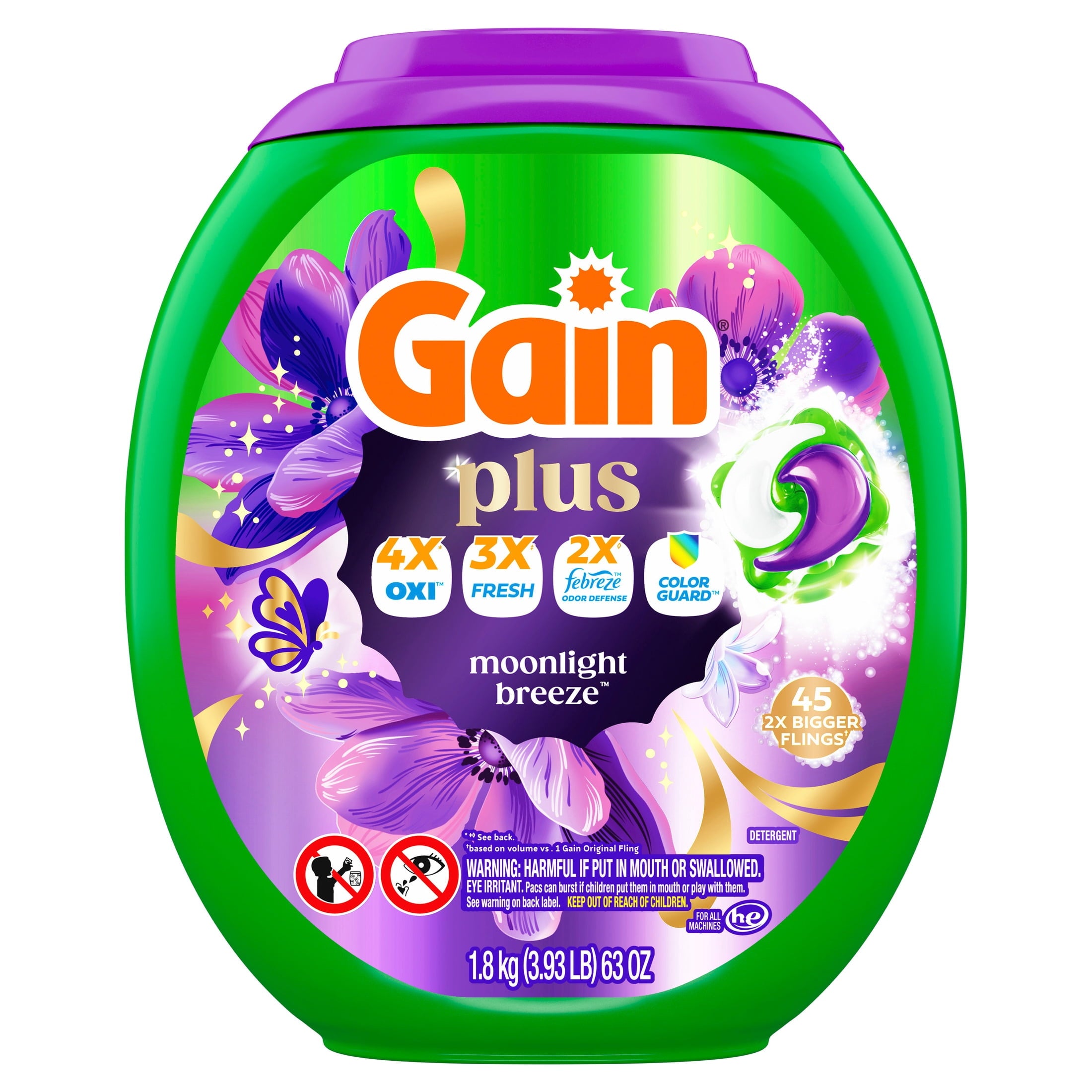 Gain Plus Flings Laundry Detergent Liquid Washing Pacs, Gain's Best All-In-One Clean, Moonlight Breeze Scent, 45 Count