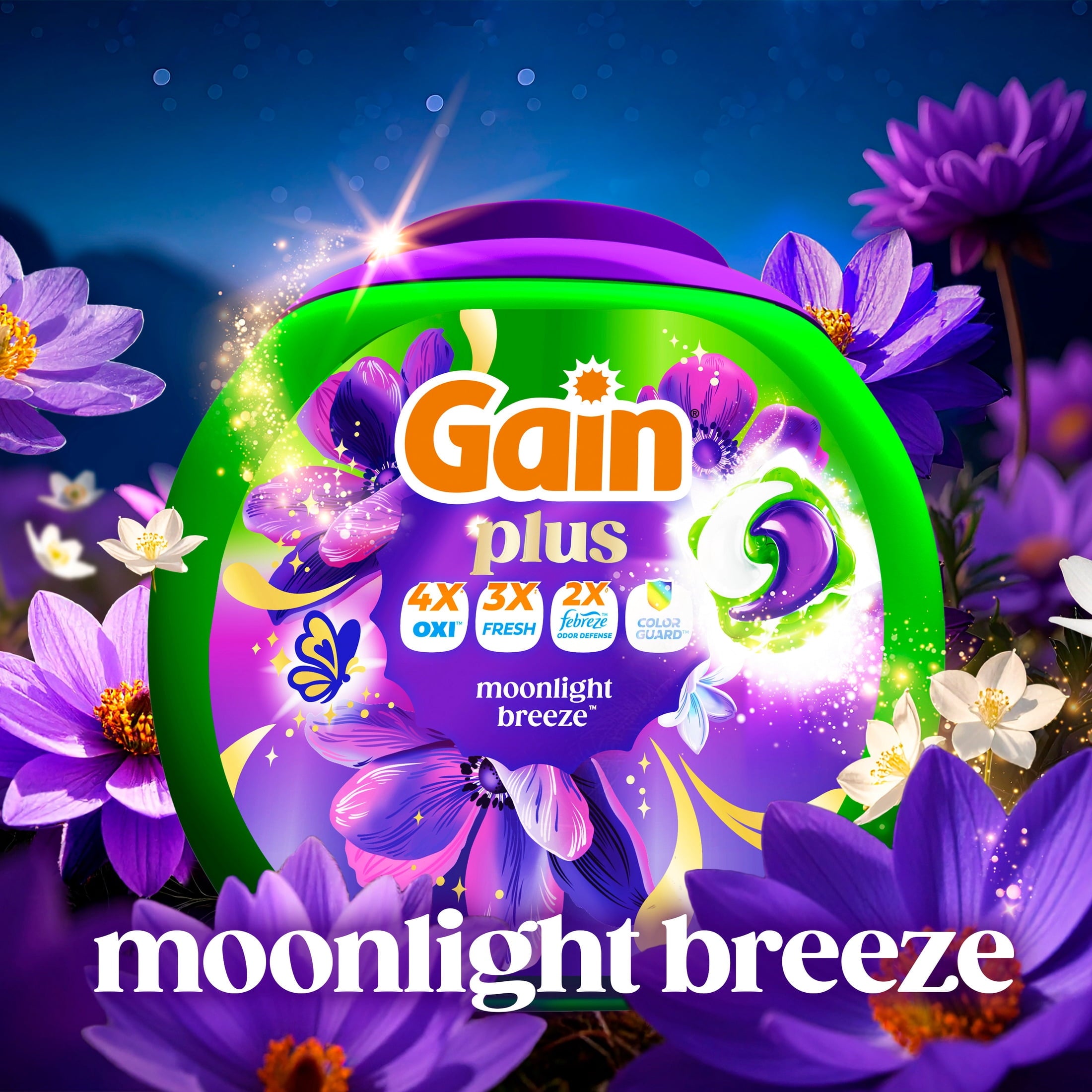Gain Plus Flings Laundry Detergent Liquid Washing Pacs, Gain's Best All-In-One Clean, Moonlight Breeze Scent, 32 Count