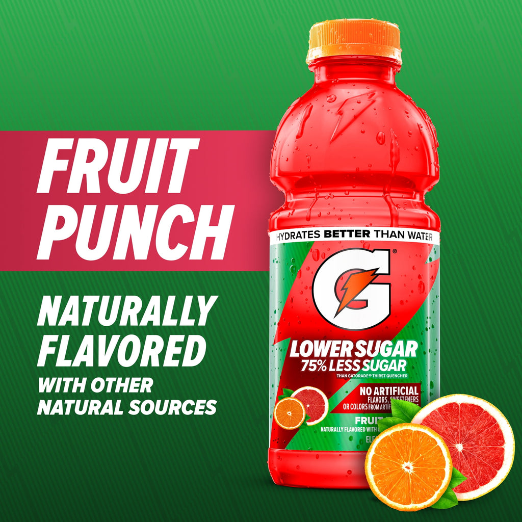 Gatorade Lower Sugar, No Artificials Fruit Punch Flavored Electrolyte Sports Drink, 12 fl oz Bottle, (12 pack), 75% Less Sugar, Hydration