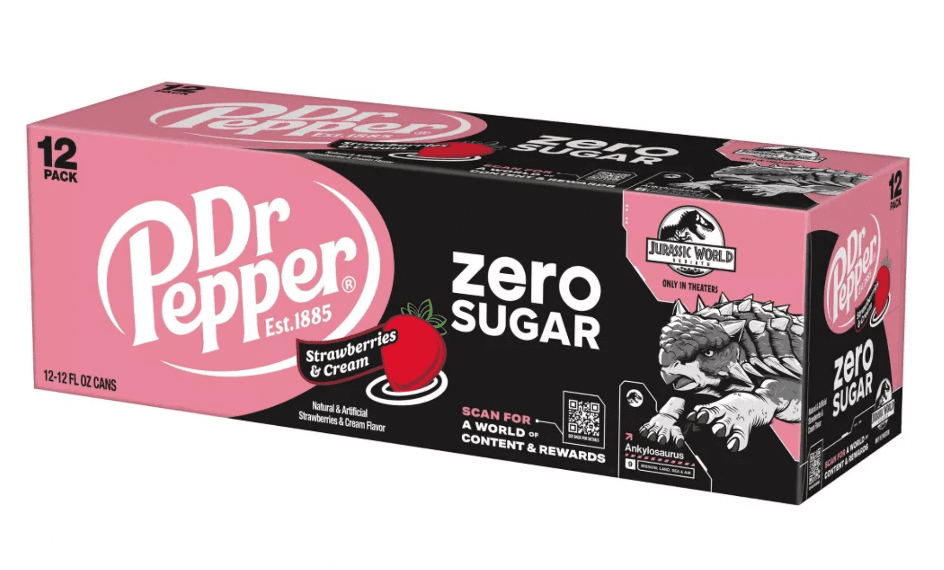 Dr Pepper Zero Sugar Strawberries and Cream Soda Pop, 12 fl oz, 12 Pack Cans