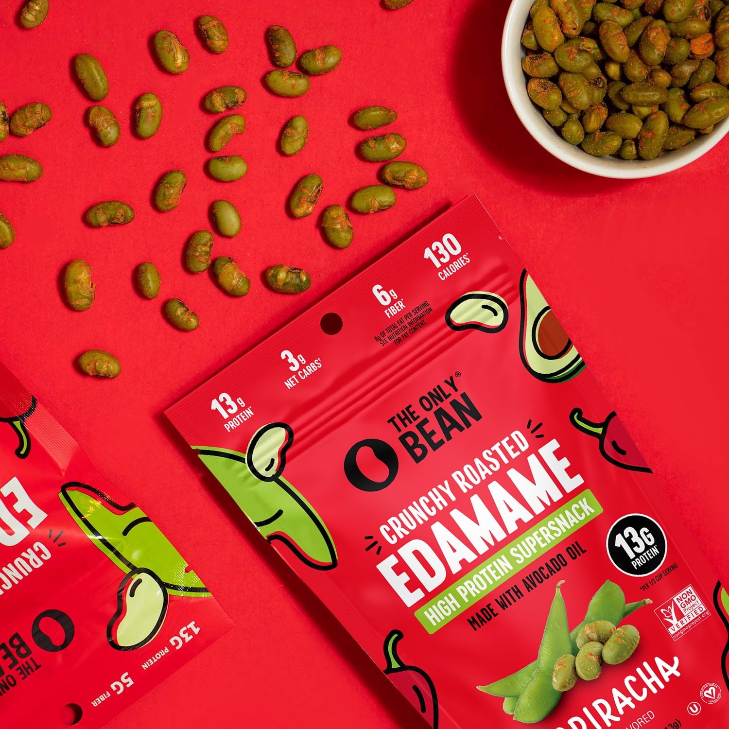 The Only Bean Crunchy Roasted Edamame Snack (Sriracha), High Protein Snacks (13g) Healthy Protein Chips, Keto Friendly Food (2g Net), Plant-Based Vegan Snacks, Office Snacks, Spicy Snack, 4oz 3 Pack