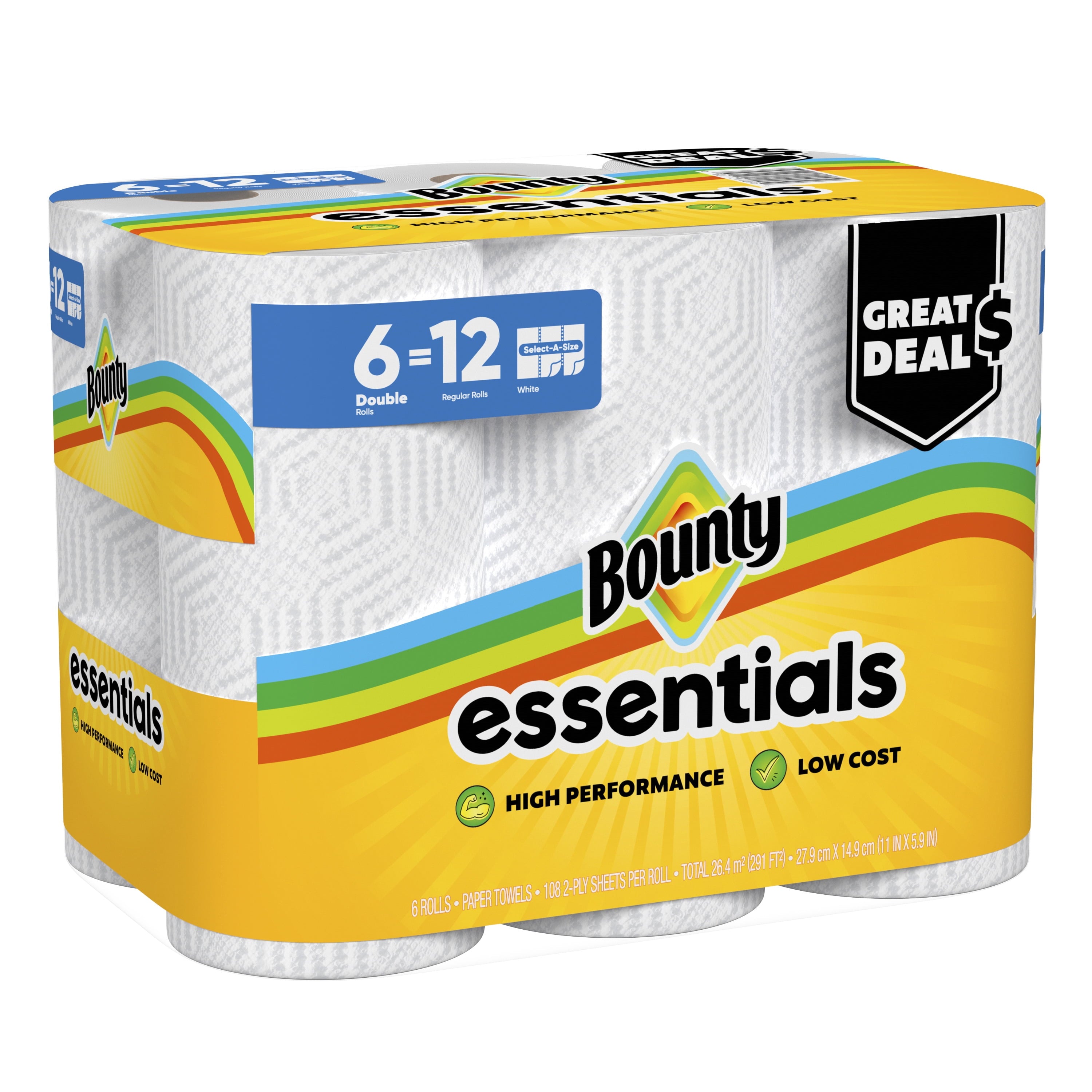 Bounty Essentials Paper Towels Select-A-Size 6 Double Rolls, White, 108 Sheets Per Roll