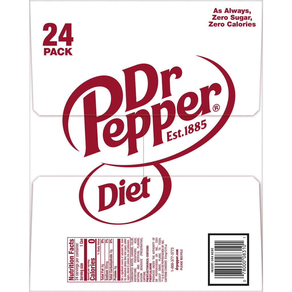 Diet Dr Pepper Soda Pop, 12 fl oz, 24 Pack Cans