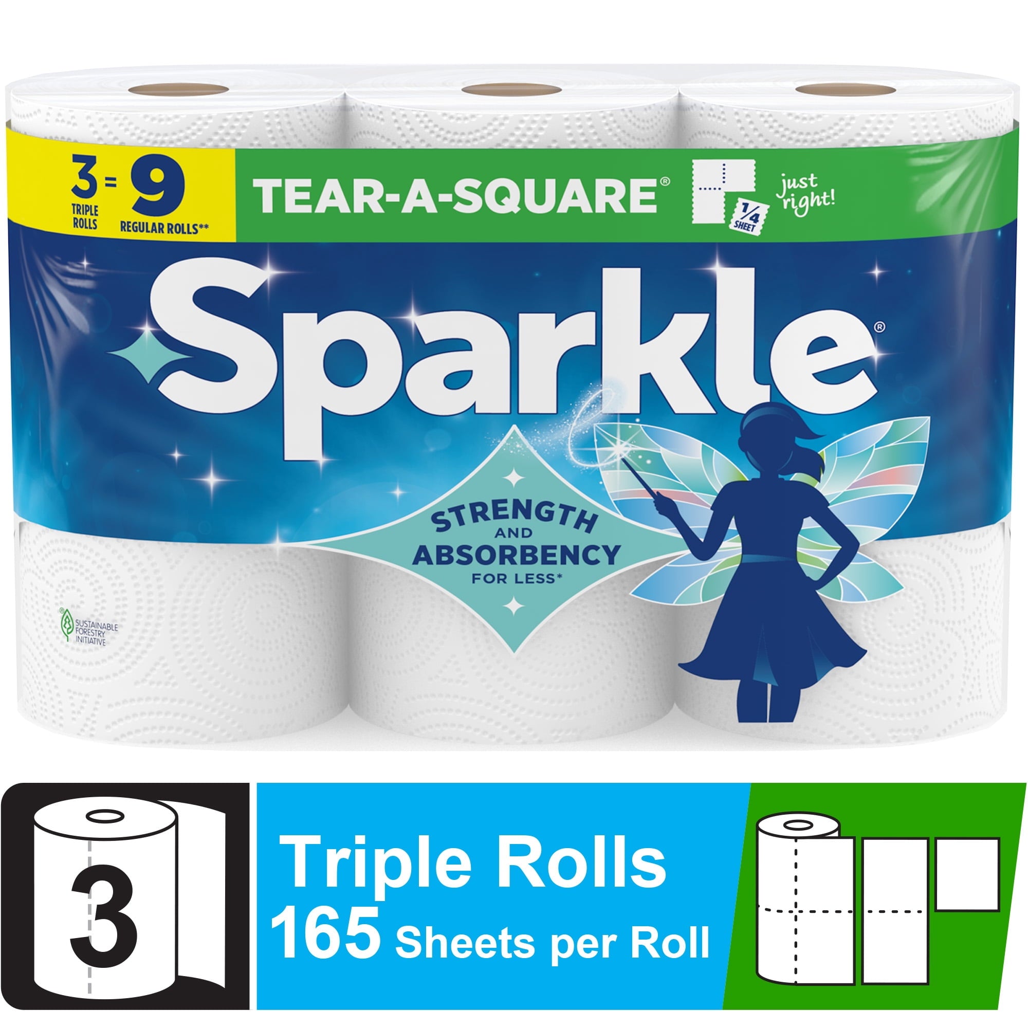 Sparkle Tear-A-Square Paper Towels, 3 Triple Rolls, 165 Sheets per Roll