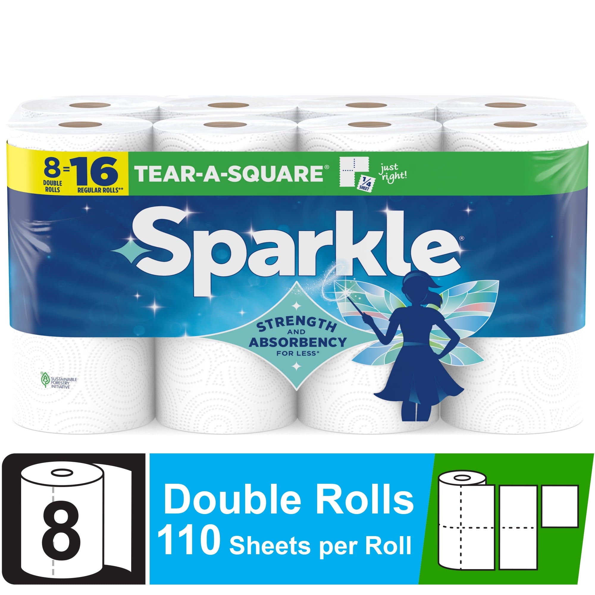 Sparkle Tear-A-Square Paper Towels, 8 Double Rolls, 110 Sheets per Roll