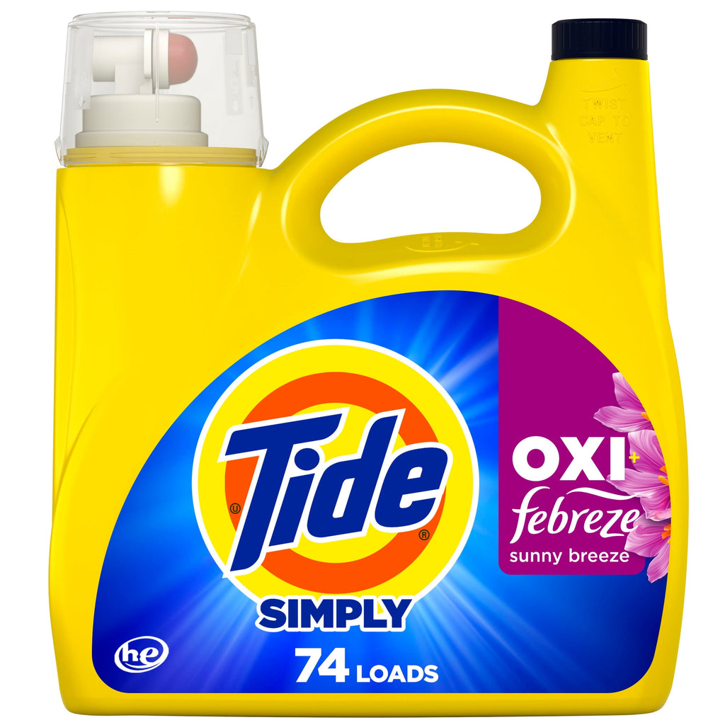Tide Simply Laundry Detergent Liquid, Oxi Boost + Febreze Odor Defense, Sunny Breeze Scent, 129 fl oz, 96 Loads