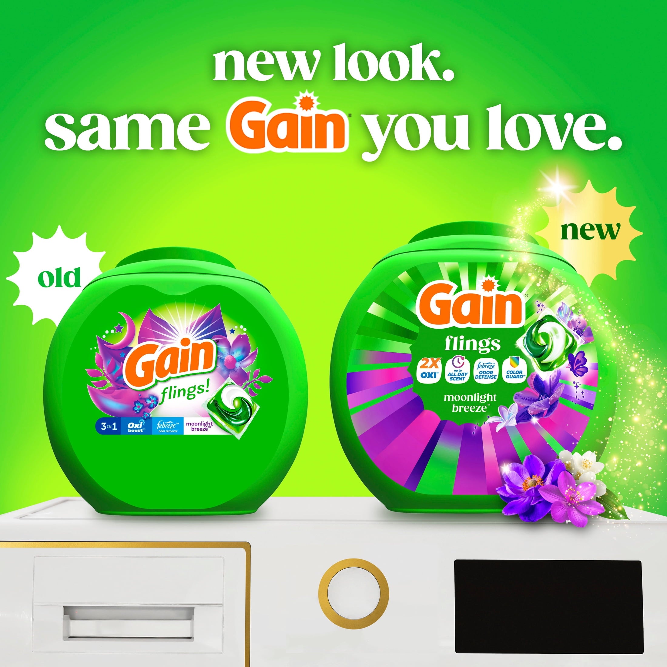 Gain Flings Laundry Detergent Soap Pacs, 4-in-1 Oxi Boost and Febreze, Moonlight Breeze Scent, 102 Count