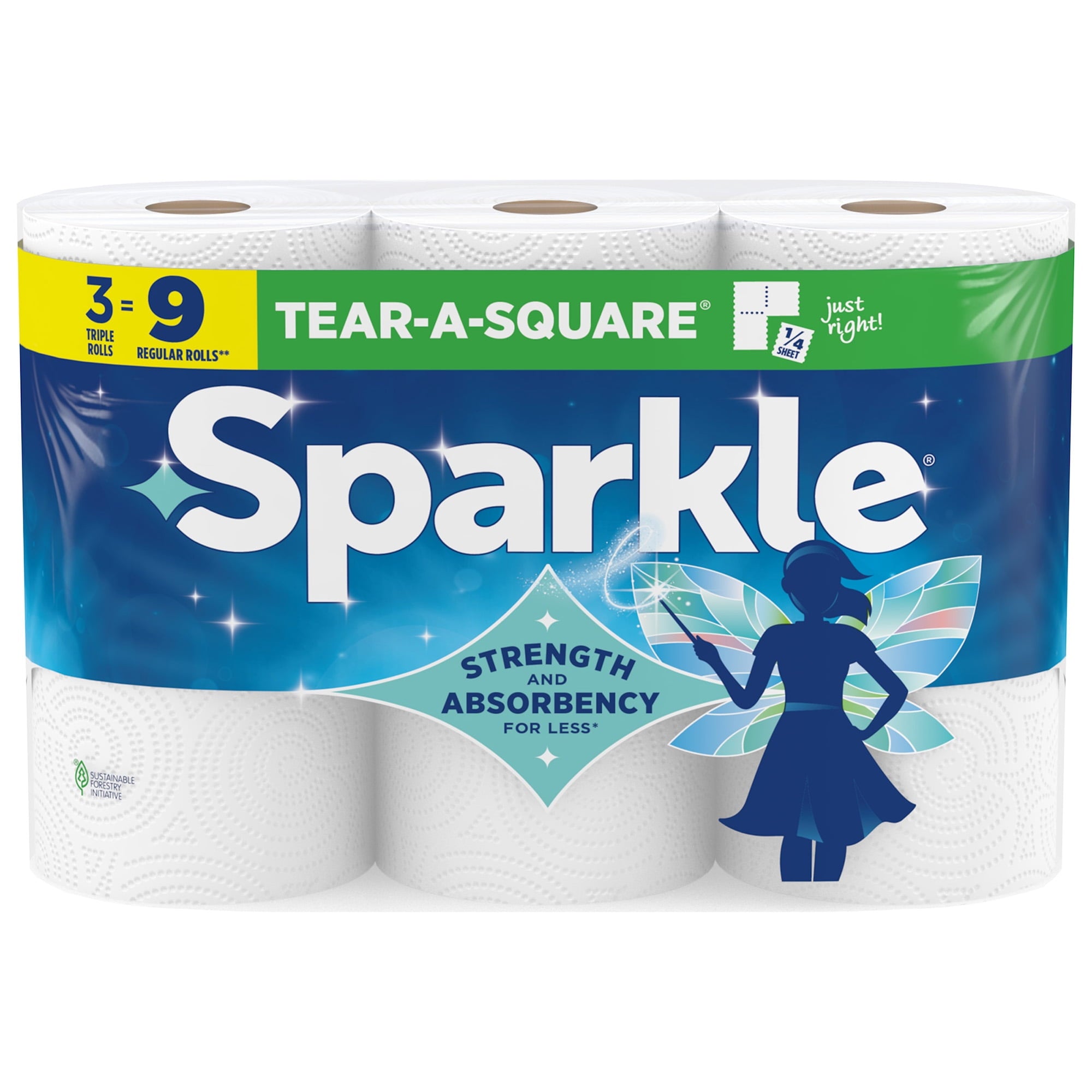 Sparkle Tear-A-Square Paper Towels, 3 Triple Rolls, 165 Sheets per Roll