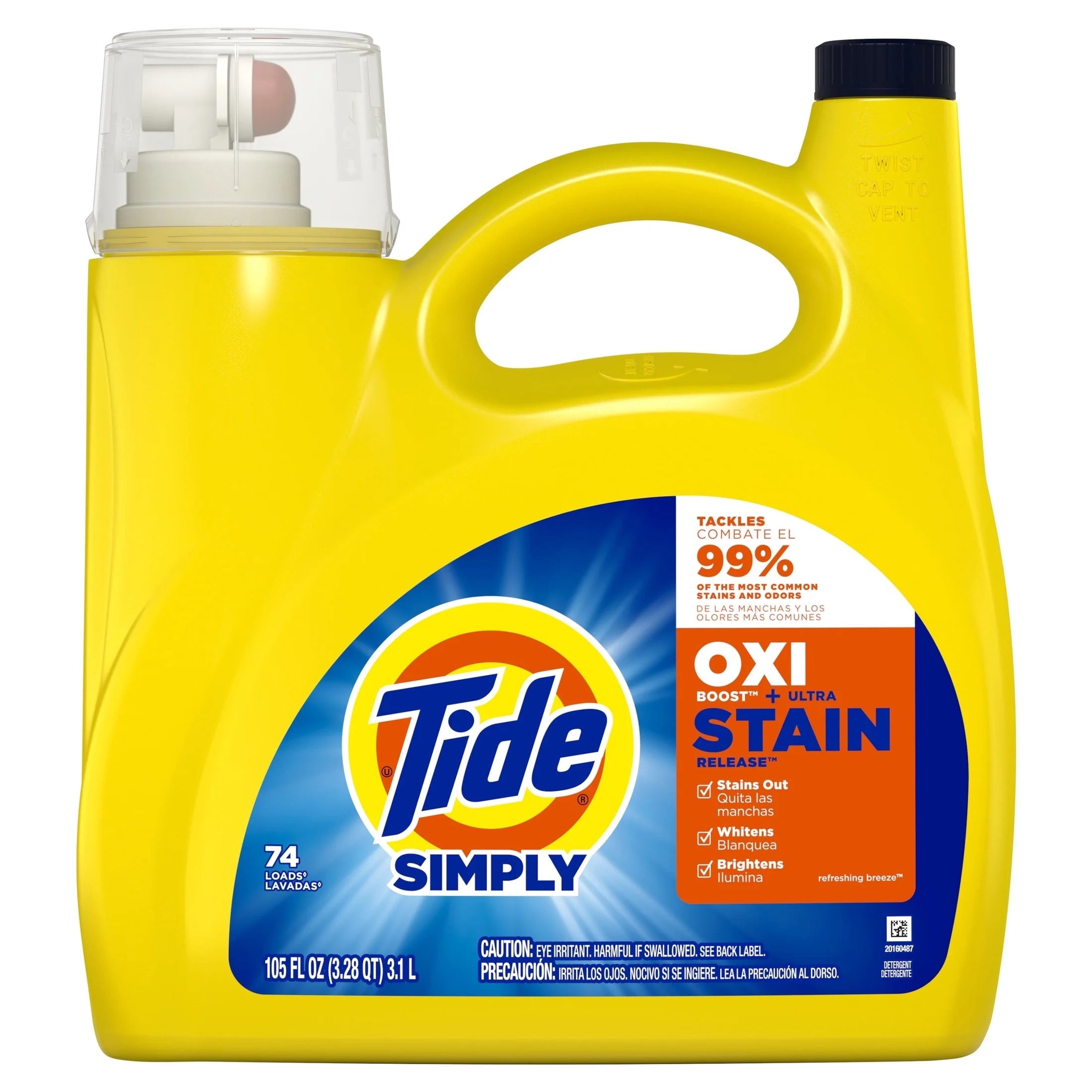 Tide Simply Oxi Boost + Ultra Stain Release Liquid Laundry Detergent, Refreshing Breeze Scent, 105 fl oz, 74 Loads