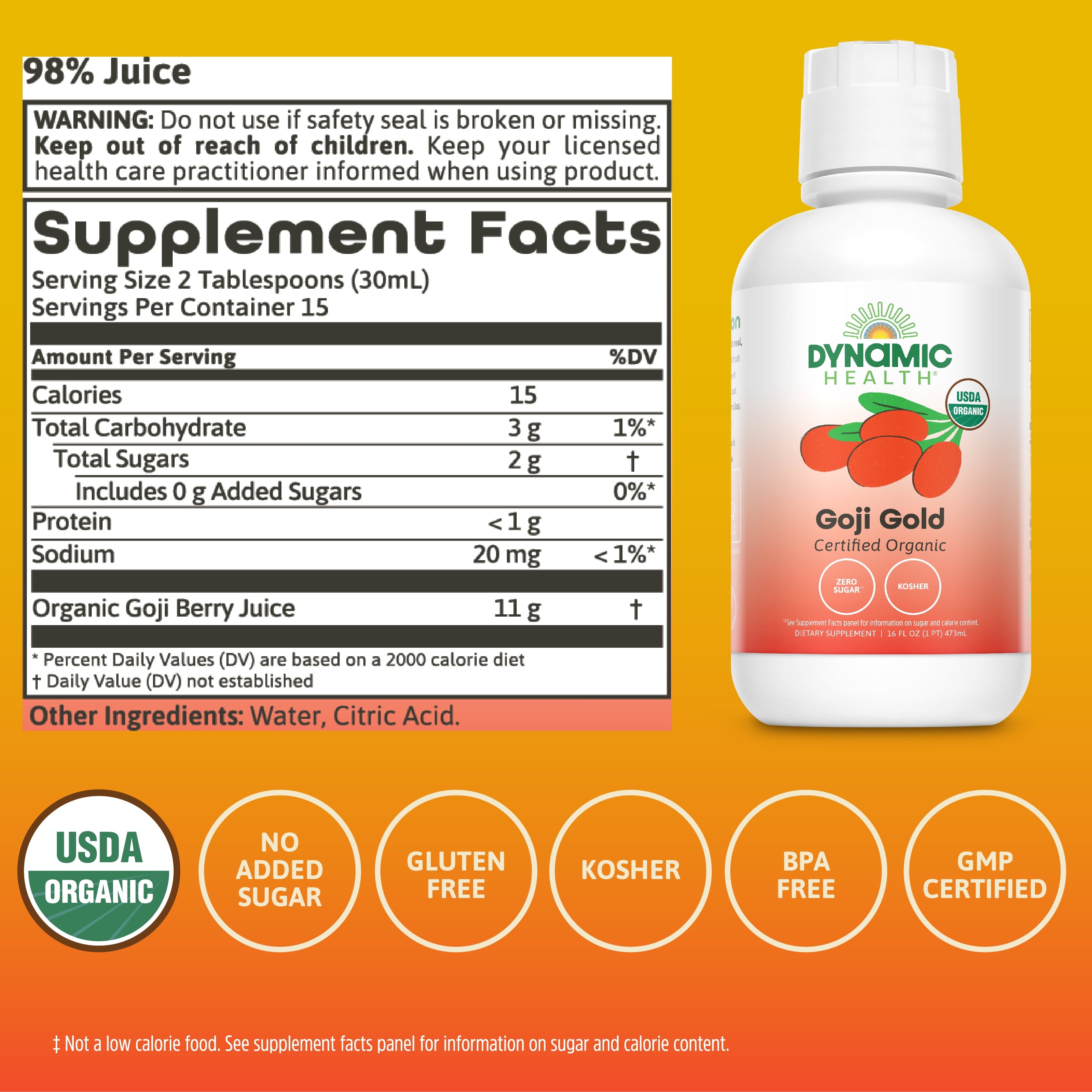 Dynamic Health Goji Gold | Organic Goji 100% Juice | Vegetarian, No Gluten or BPA, Dietary Supplement | 16oz
