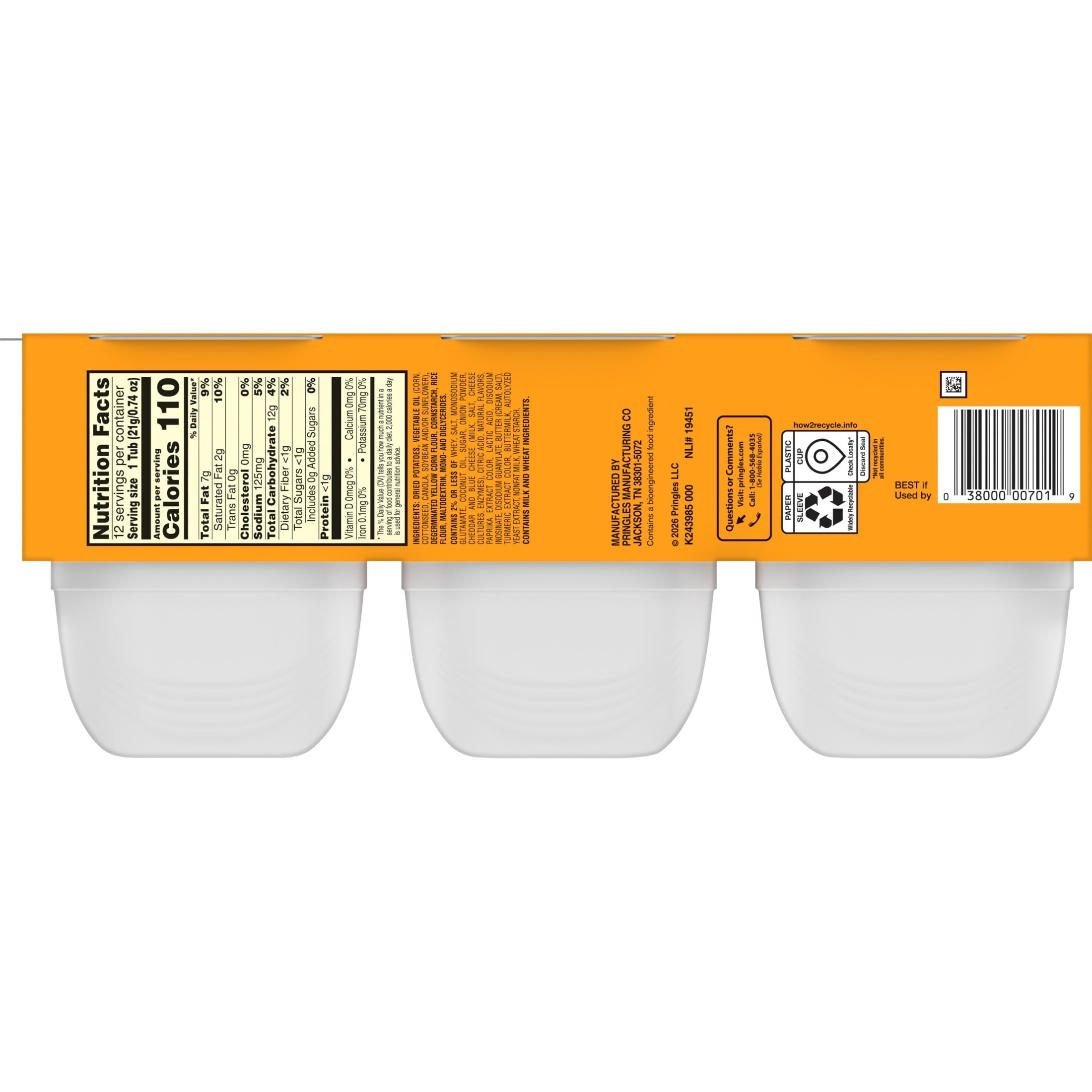 Pringles Potato Crisps Chips, Lunch Snacks, Snack Cups, Cheddar Cheese, 8.8oz Tray (12 Cups)